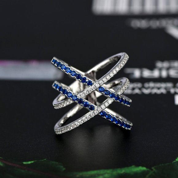 925 Silver Blue White Micro Pave Cross MultiLayer Ring for Women, VIP114 - Picture 4 of 6